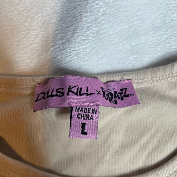 DOLLSKILL X BRATZ Cream Tan Lettuce Hem Cropped Tee Shirt Large‎ Y2K - Picture 2 of 3